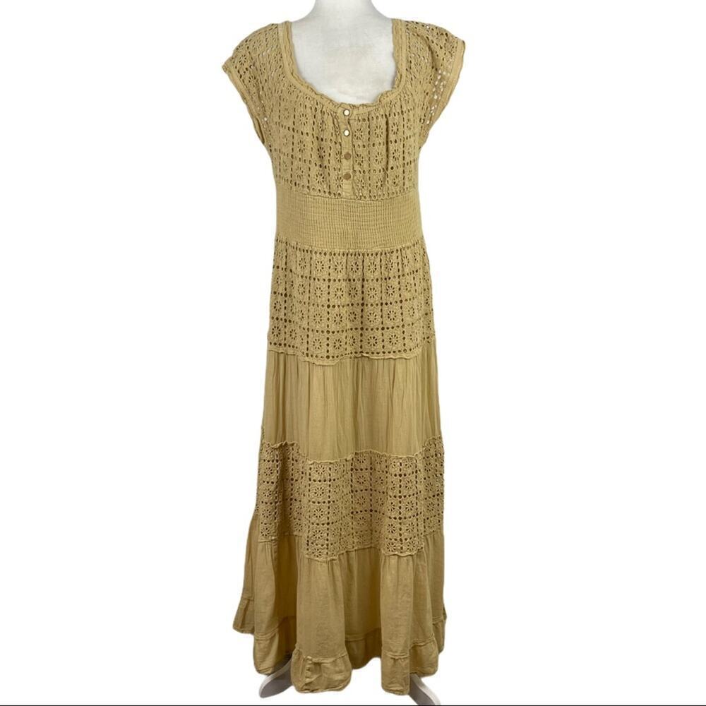 Maria Alicia Araujo Baez Tired Crochet Cottagecore Boho Maxi Tan Dress Cotton M